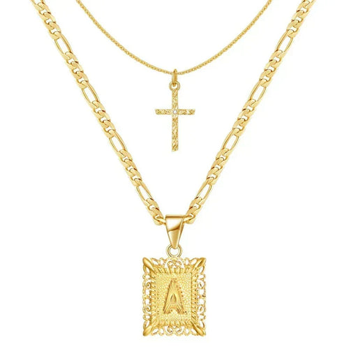 Cross Initial Necklace Set | Gold