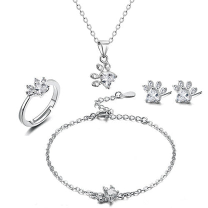 Rose Gold Paw Jewelry Set – 4 Pieces with Zirconia Heart (Ring, Necklace, Earrings, Bracelet)