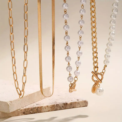 Vintage Pearl & Gold Snake Chain Necklace Set | Gold