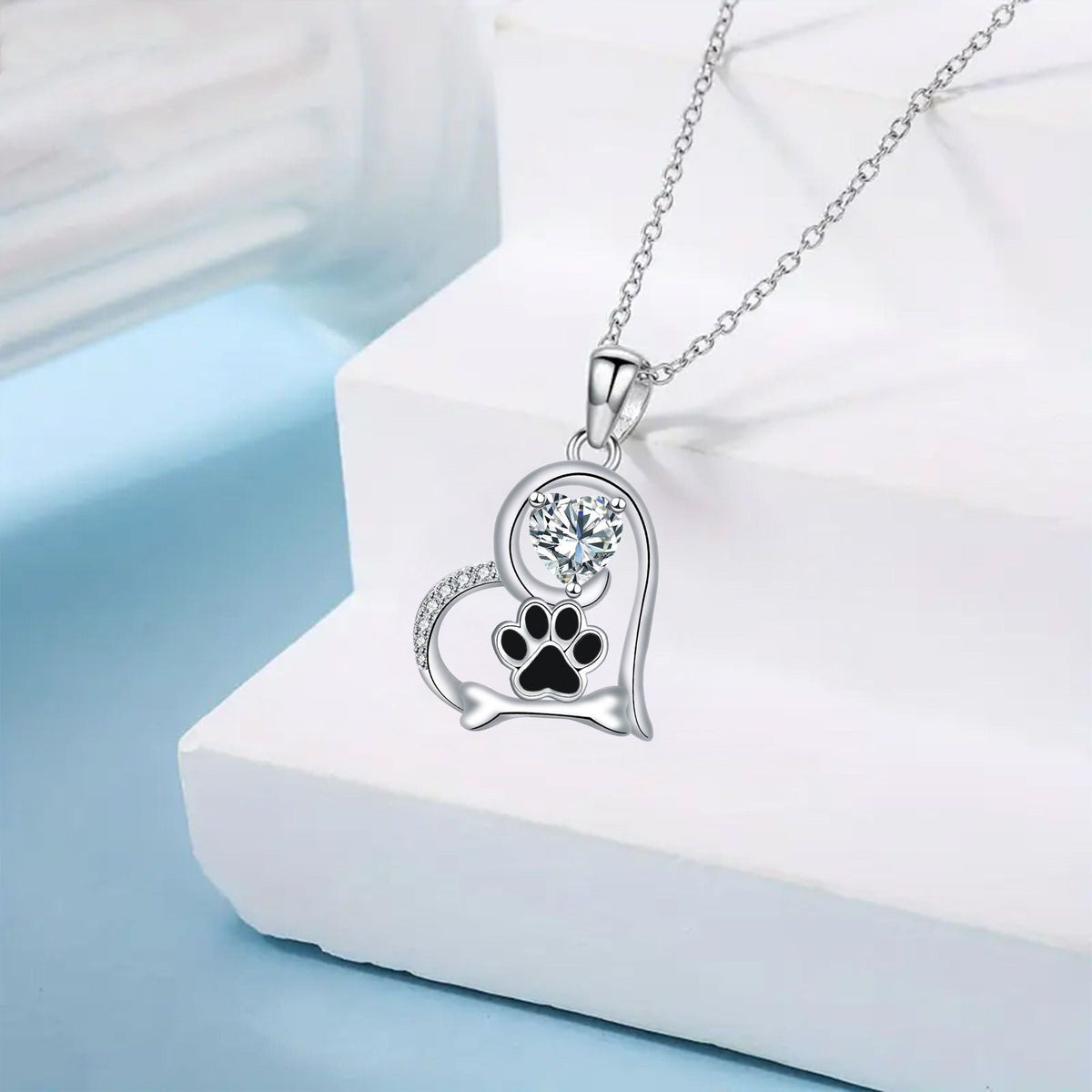 Handcrafted Dog Paw Print and Bone Necklace with Zirconia