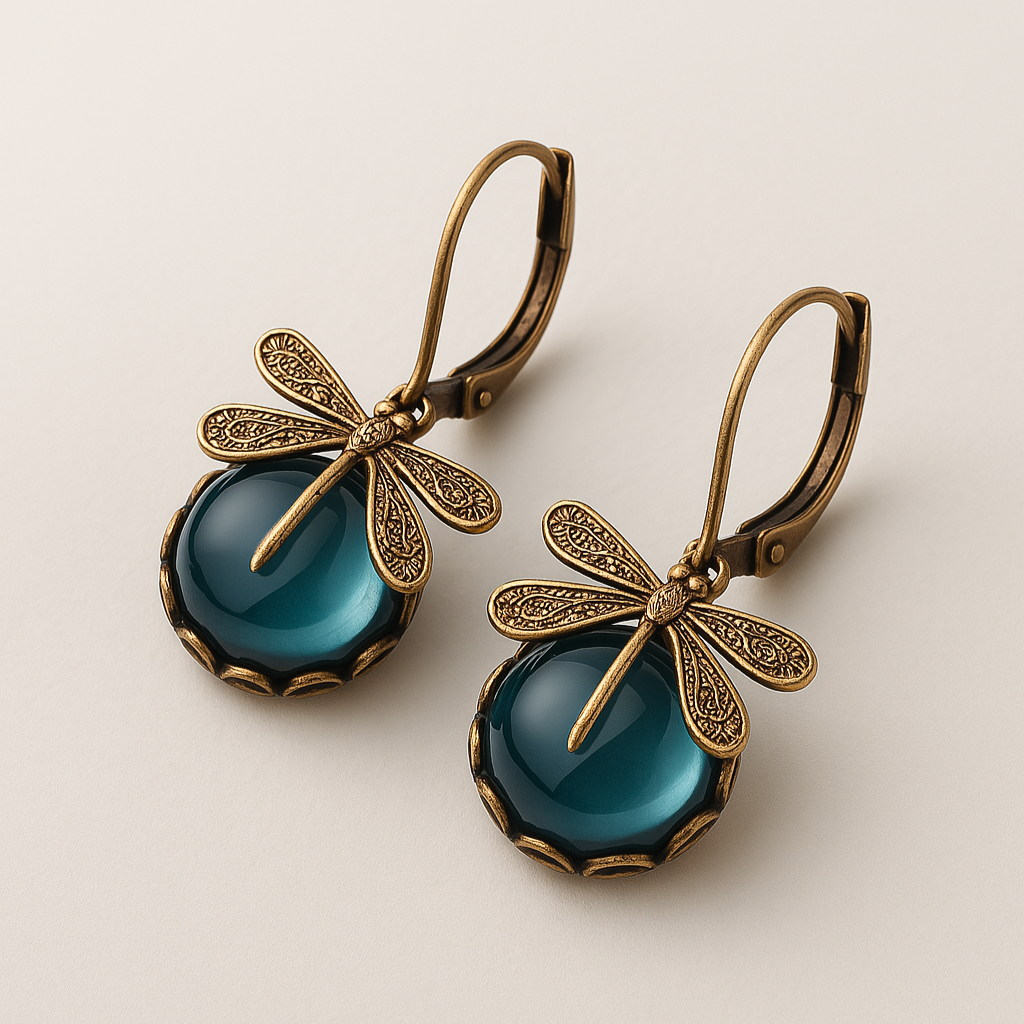 Spherical Dragonfly Earrings in Antique Gold