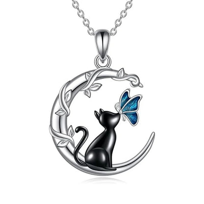Moon Cat Butterfly Crystal Pendant Necklace