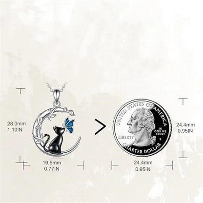 Moon Cat Butterfly Crystal Pendant Necklace