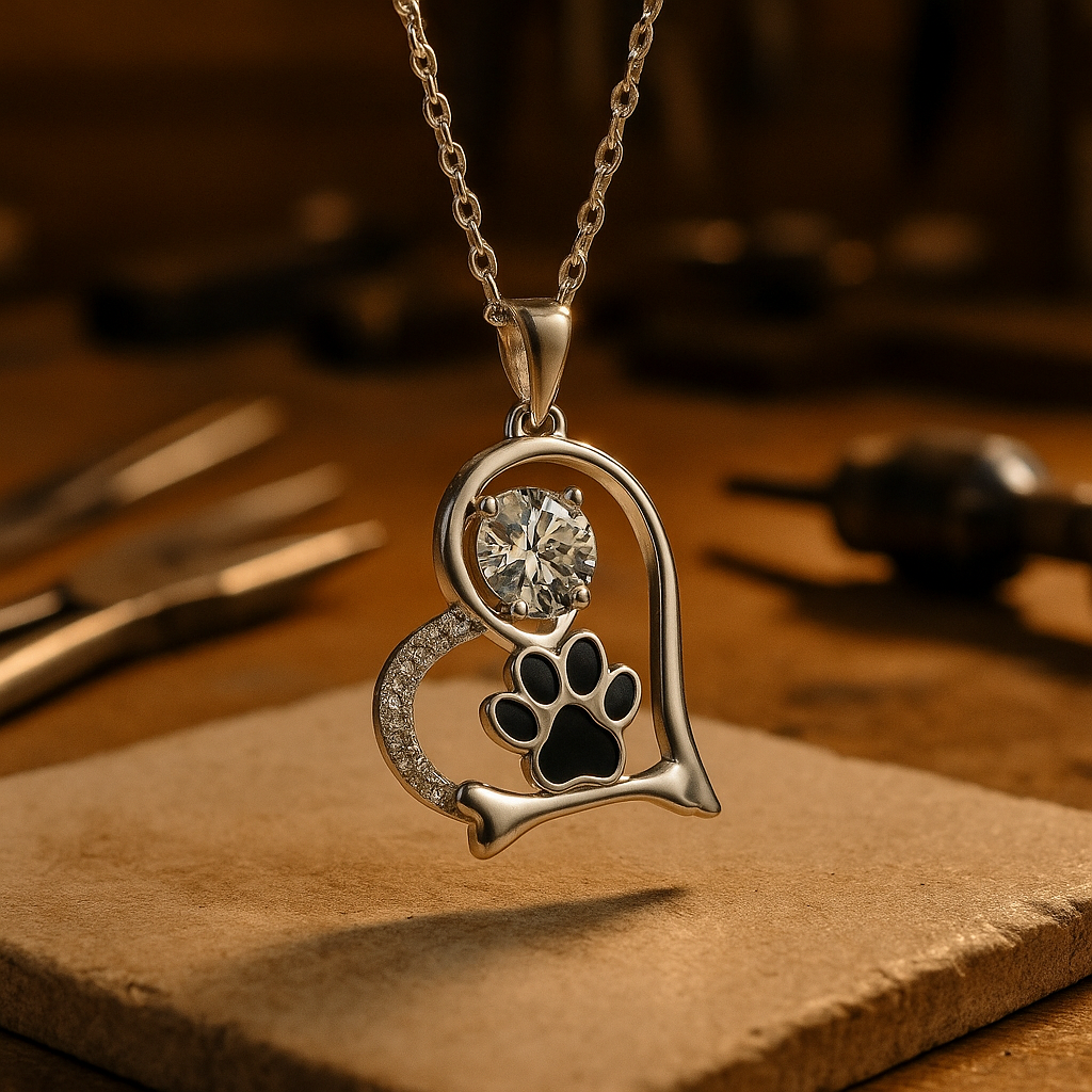 Handcrafted Dog Paw Print and Bone Necklace with Zirconia