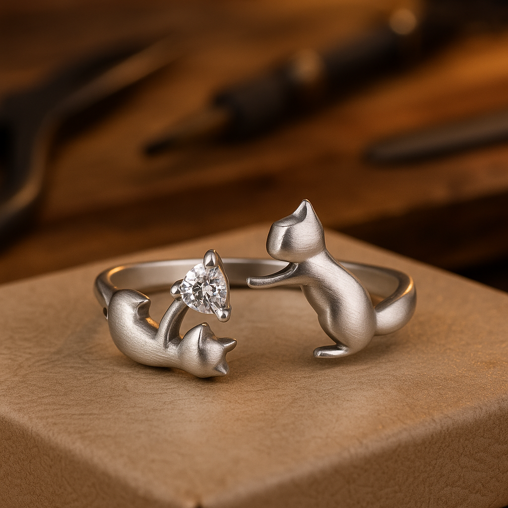 Playful Sterling Silver Cat Adjustable Ring with Zirconia