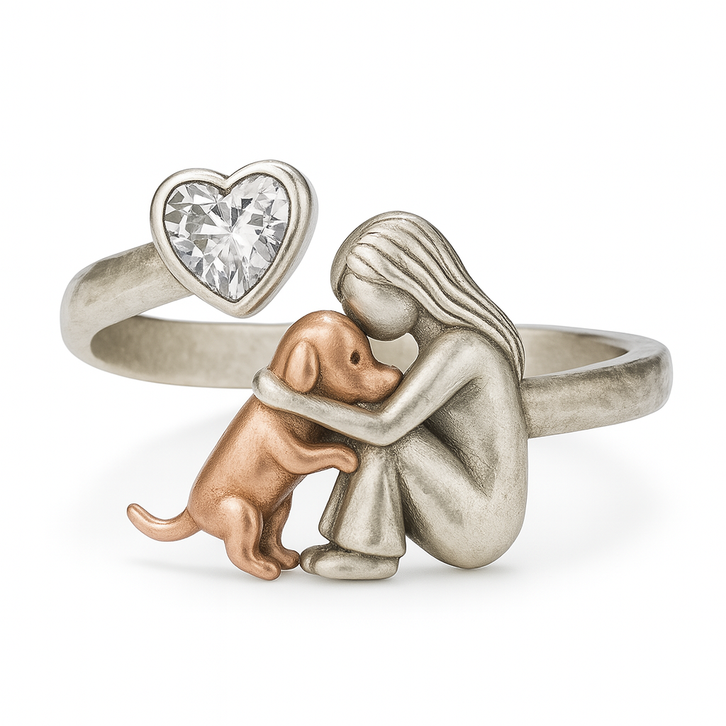 Handcrafted 925 Sterling Silver Dog Ring with Heart-Shaped Zirconia – Adjustable Fit