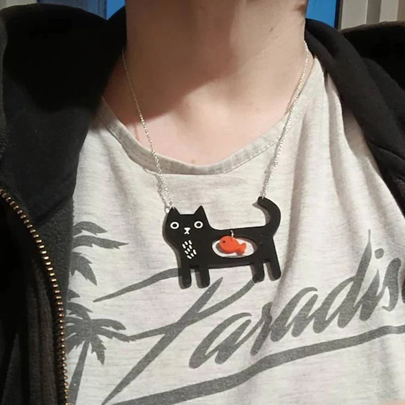 Whimsical Cat & Fish Acrylic Pendant Necklace