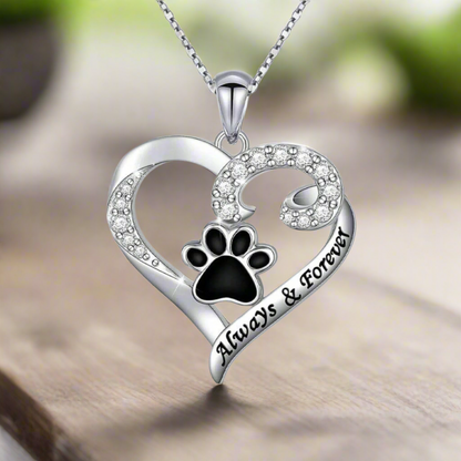 Dog Paw Necklace – Heart Design in Stainless Steel with Zirconia