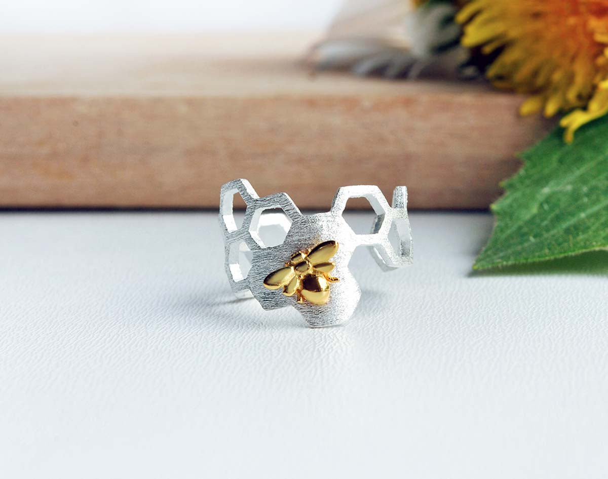 Adjustable 18K Gold Plated Honeycomb Ring