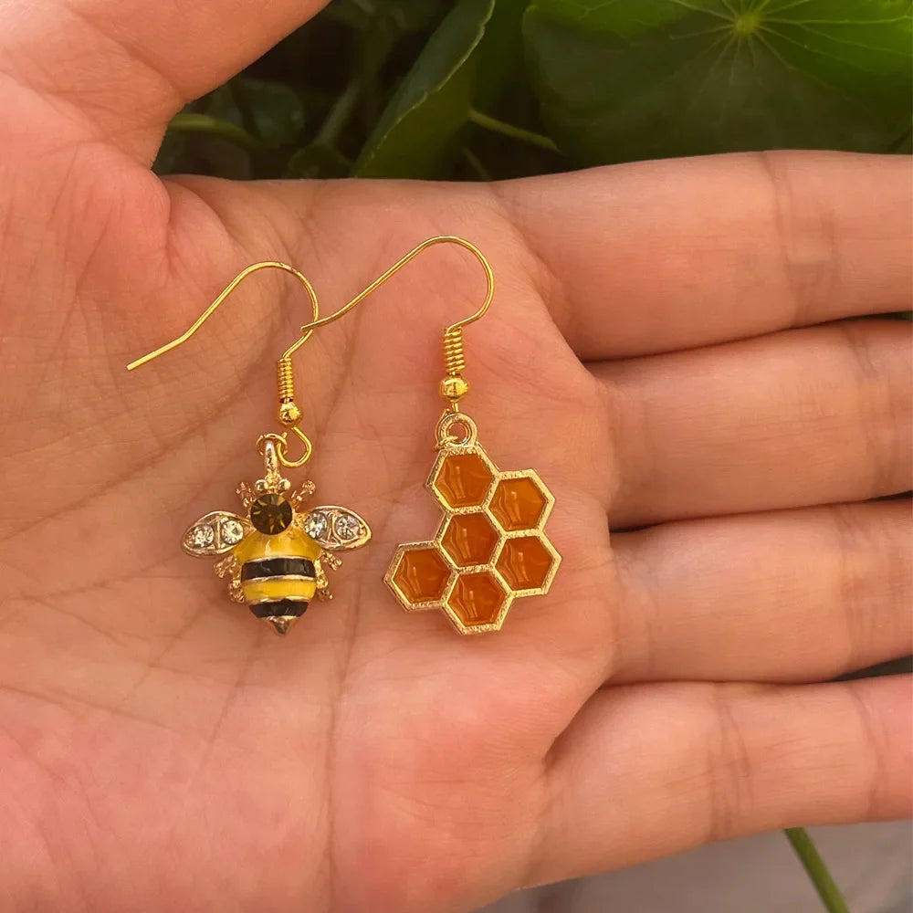 Golden Bee & Honeycomb Crystal Earrings