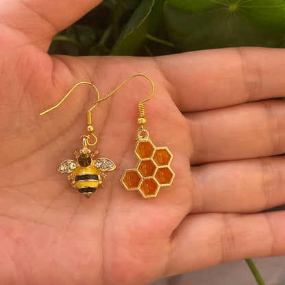 Golden Bee & Honeycomb Crystal Earrings