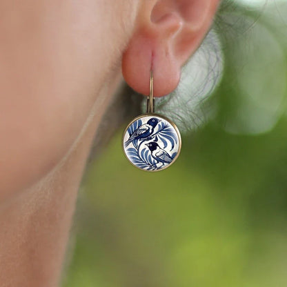 Vintage Blue Magpie Glass Dome Earrings