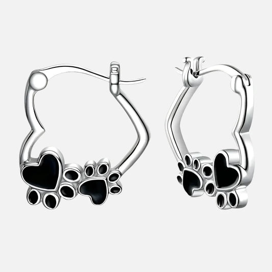Heart Paw Huggie Earrings with Black Enamel