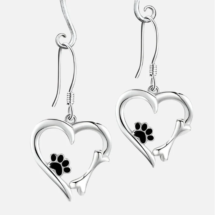 Silver Drop Earrings with Heart & Paw Design