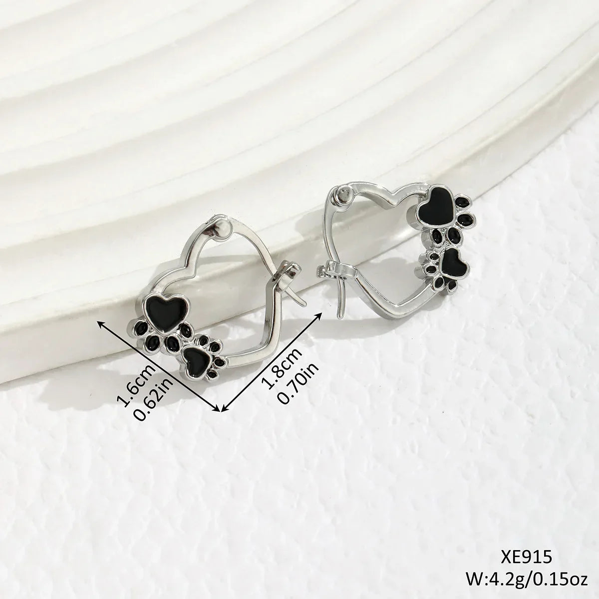 Heart Paw Huggie Earrings with Black Enamel