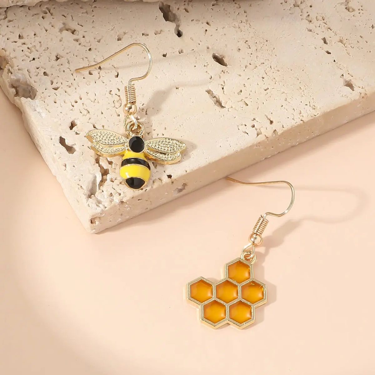 Honeycomb & Bee Drop Earrings – Gold Tone Jewelry for Women