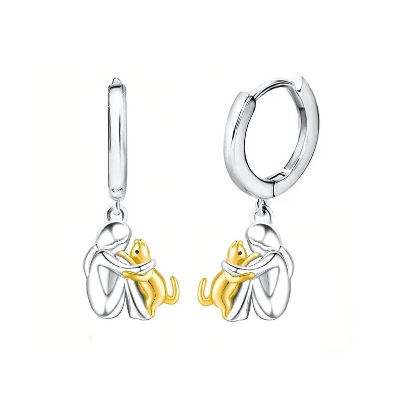 Silver and Gold Two-Tone Cat Hug Earrings