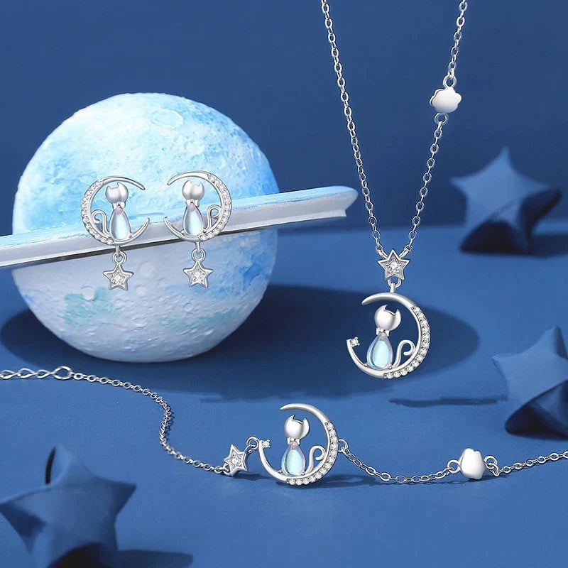 Cat Moon Sterling Silver Necklace