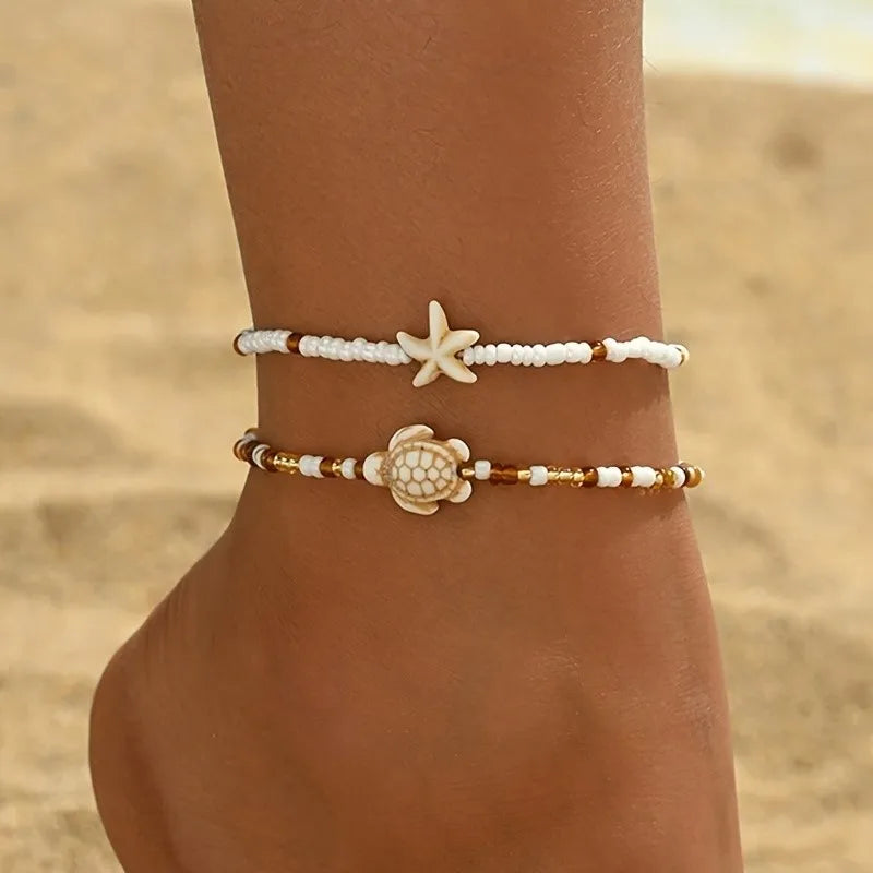 Ocean Dreams Starfish & Turtle Anklet Set