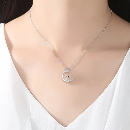 Sterling Silver Cat Moon Star Necklace