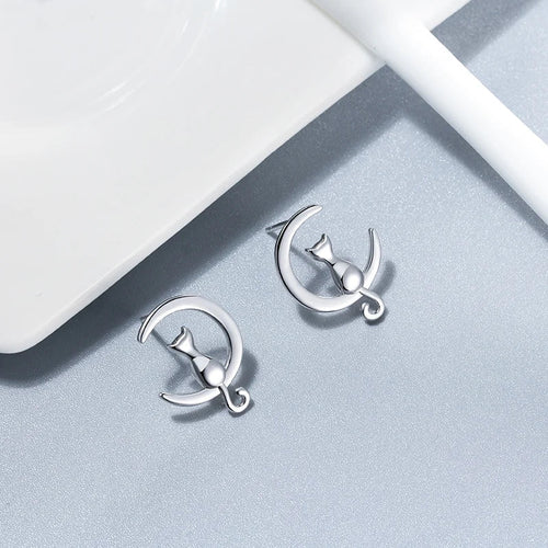 Moon & Cat Sterling Silver Stud Cat Earrings