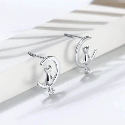 Moon & Cat Sterling Silver Stud Cat Earrings