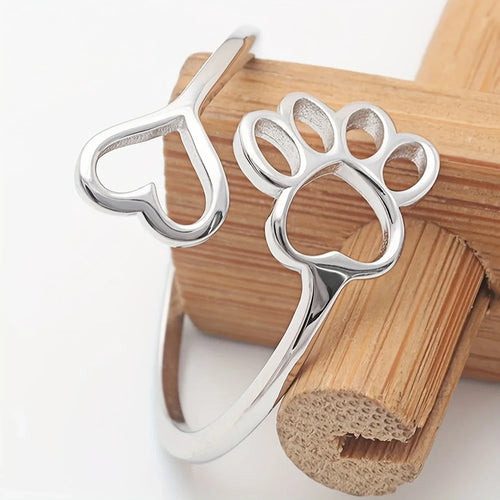 Handcrafted Paw & Heart Ring – Adjustable 925 Sterling Silver