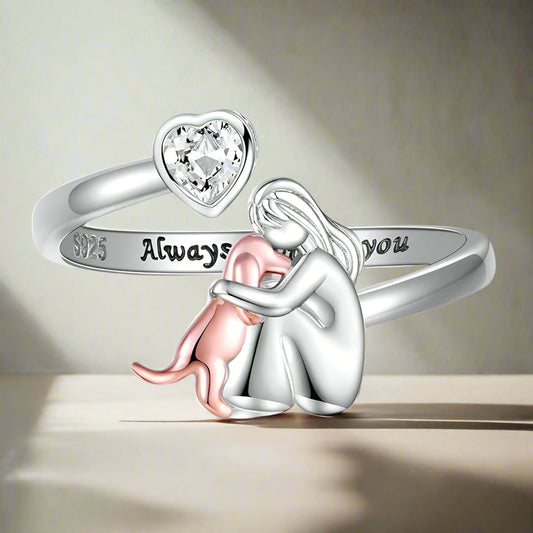 Adjustable Dog Ring in 925 Sterling Silver – “Always in My Heart” with Zirconia